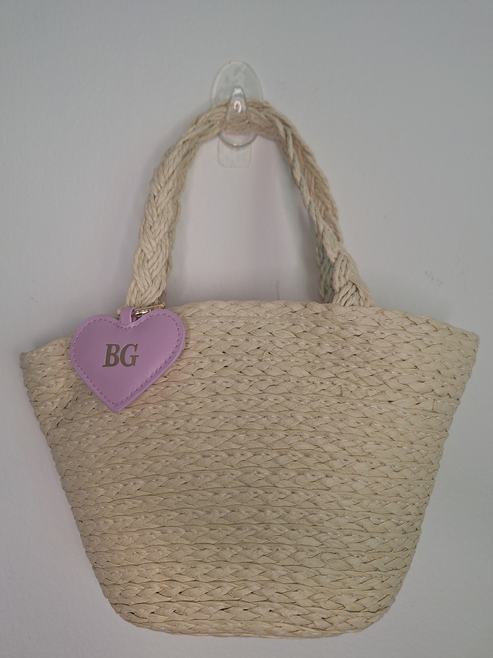 BERGDORF GOODMAN Beige Woven Straw Top Handle Mini Bag Pink Heart Charm